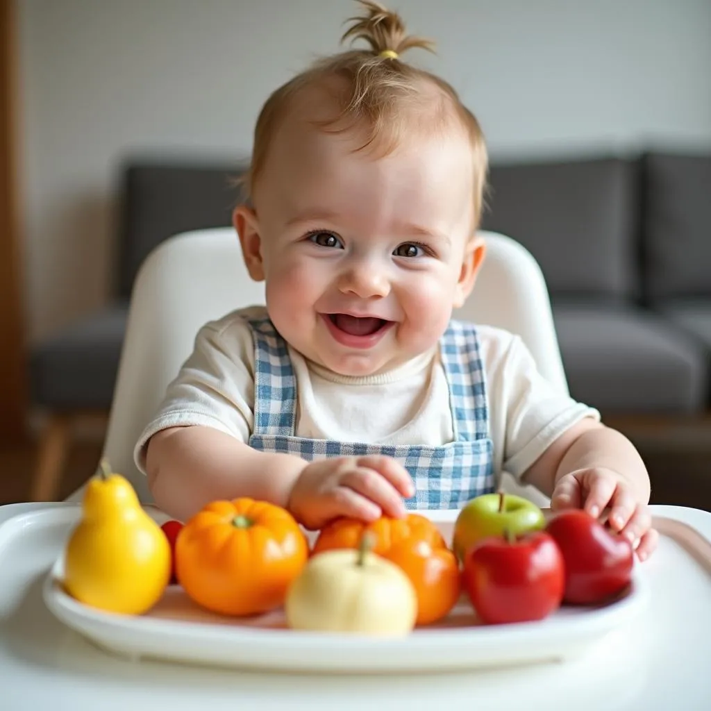 Baby happily eating solid food