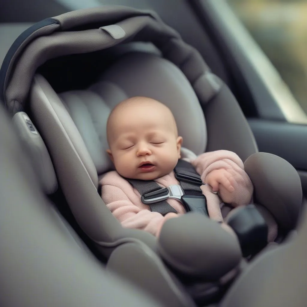 Baby sleeping peacefully in a car seat during a road trip