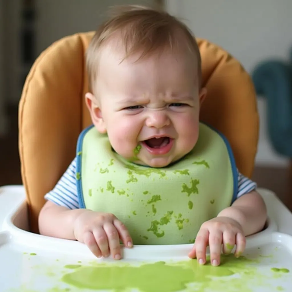 Baby trying broccoli puree for the first time