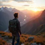 Backpacker enjoying mountain view