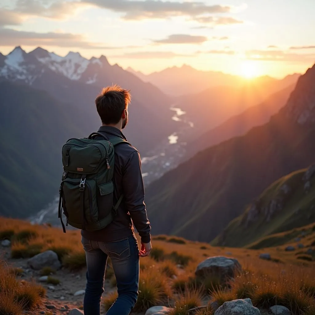 Backpacker enjoying mountain view