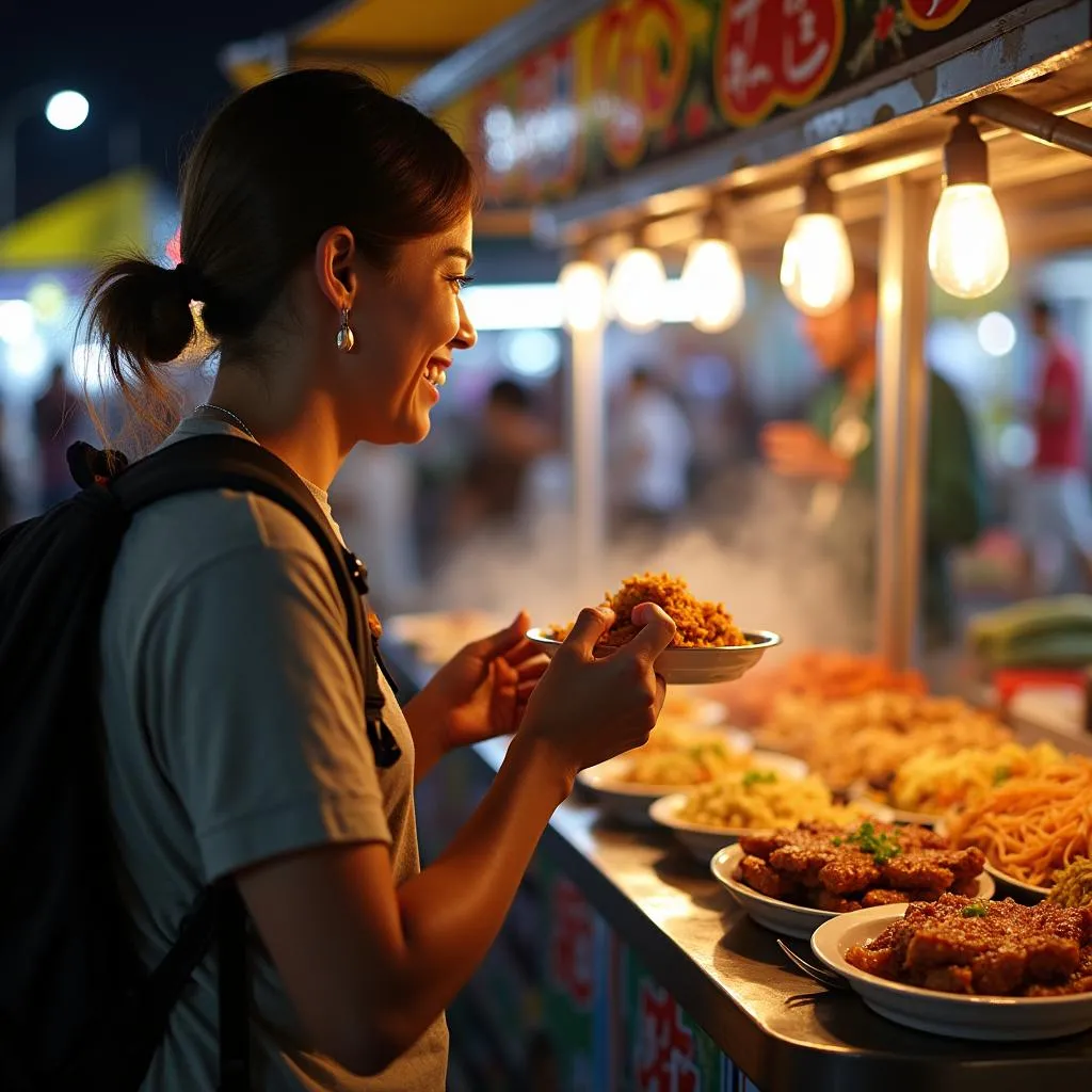 Backpacker trying street food at bustling market