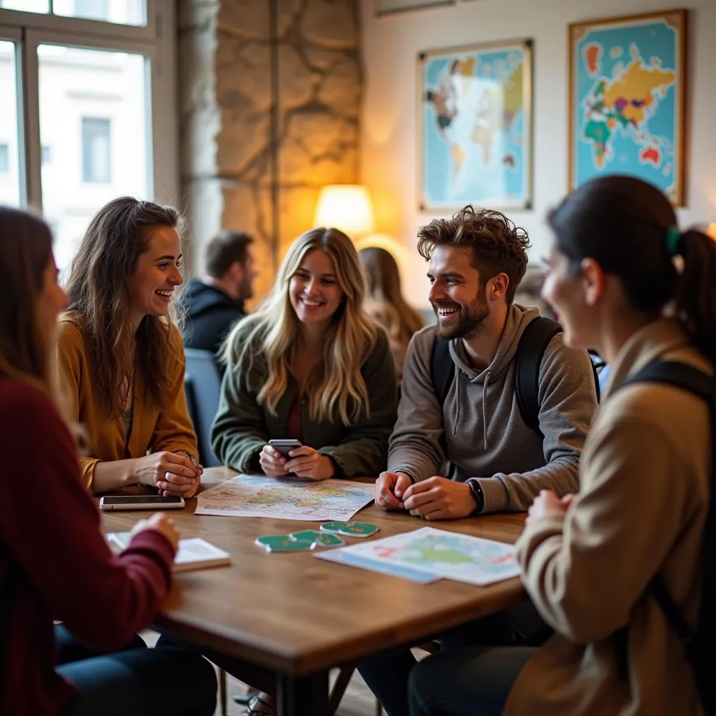 Group of backpackers socializing in hostel common area