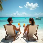 Couple relaxing on a sunny Bahamas beach