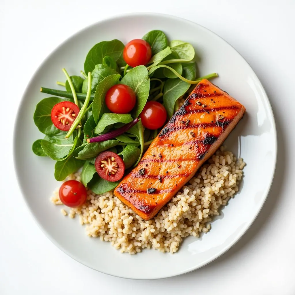 A plate with a balanced meal of vegetables, salmon, and brown rice