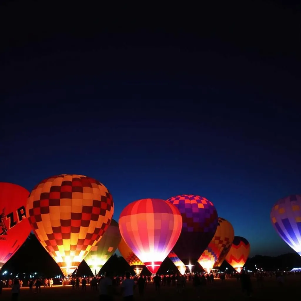 Colorful balloons glowing against a night sky