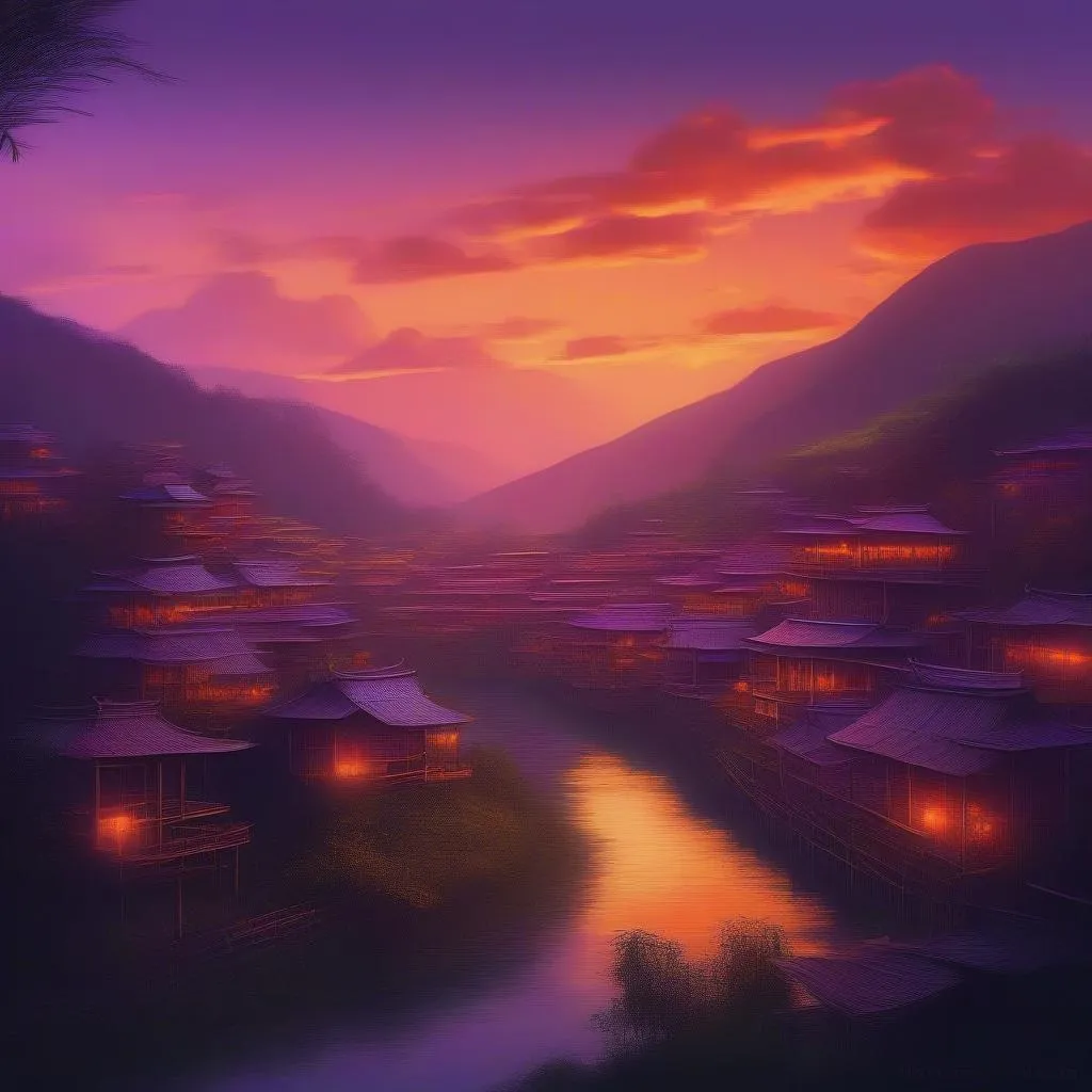 Golden Sunset Over a Bamboo Village