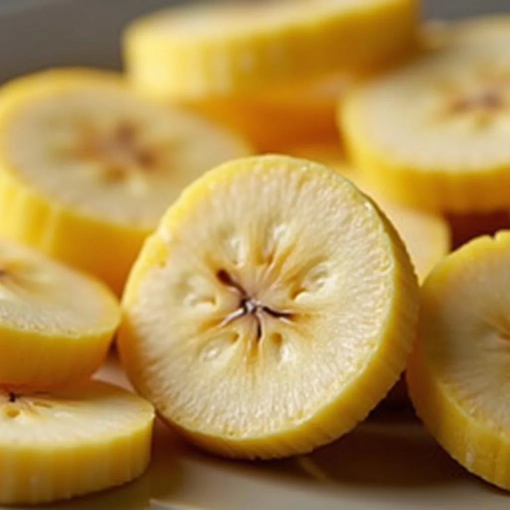 Sliced bananas arranged on a rustic wooden table