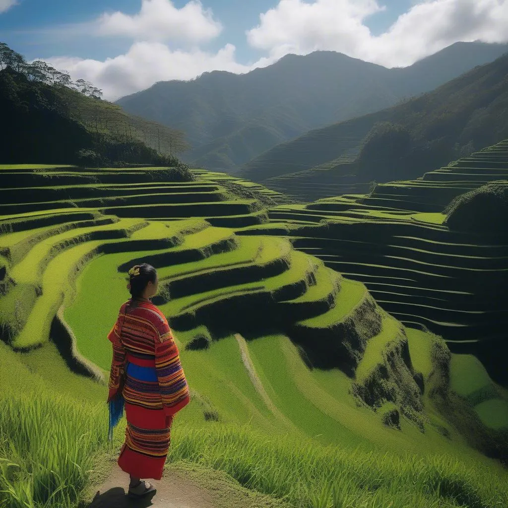 Woman in traditional clothing walking through Banaue Rice Terraces