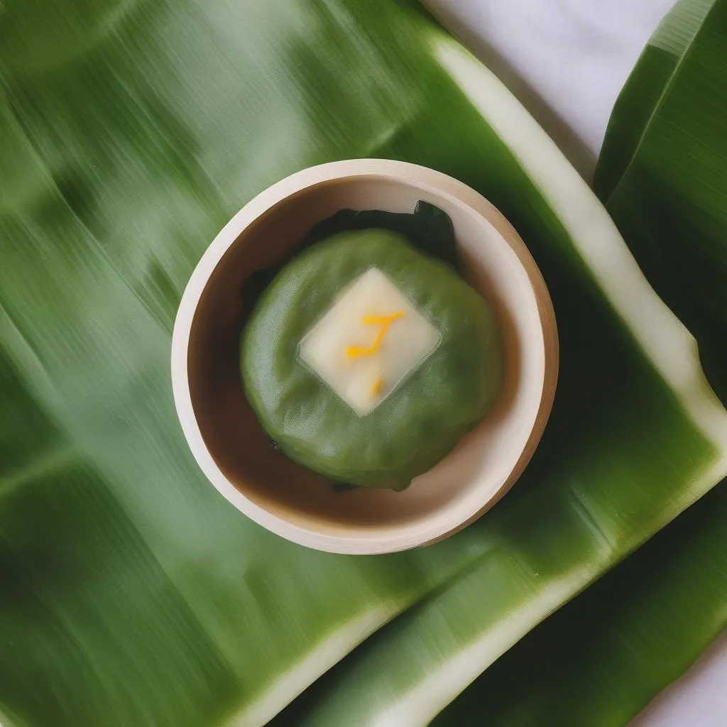 Bánh Chuối Hấp (Steamed Banana Cake) served on a banana leaf