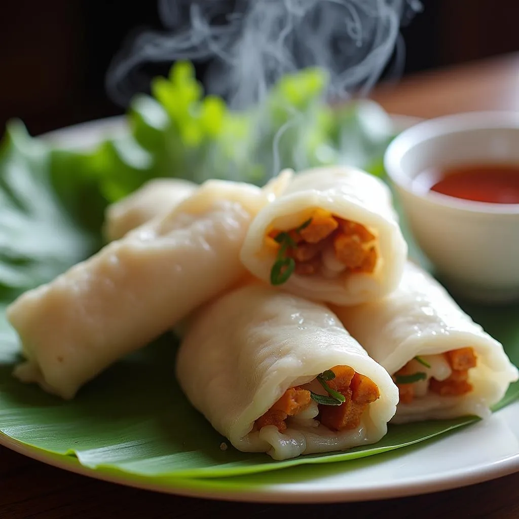 Steamed rice rolls served with fresh herbs and dipping sauce