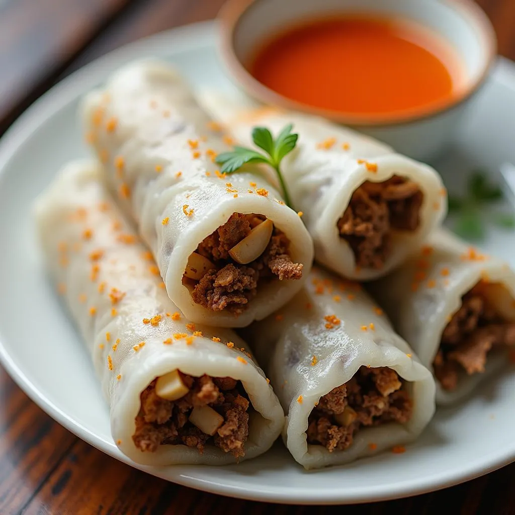 Steamed rice rolls with dipping sauce