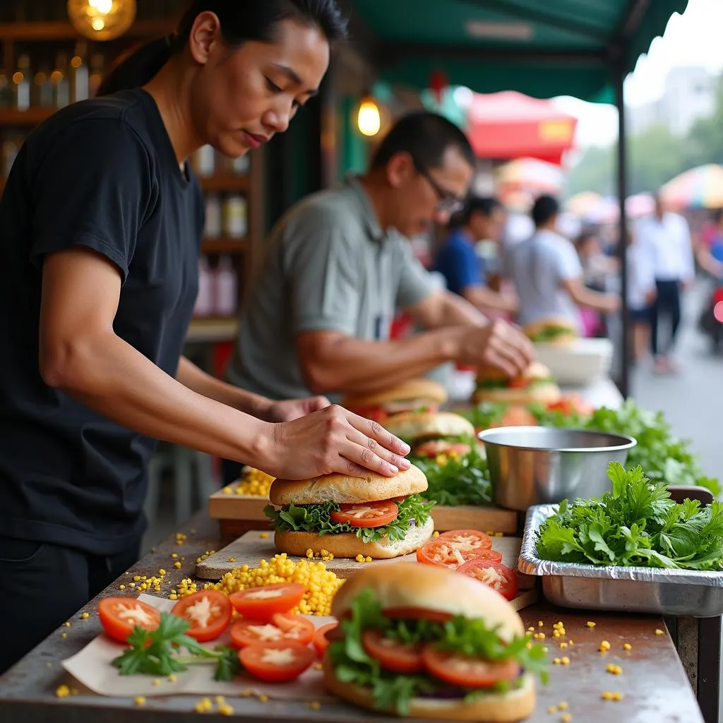 Hanoi street food vendor preparing a banh mi sandwich