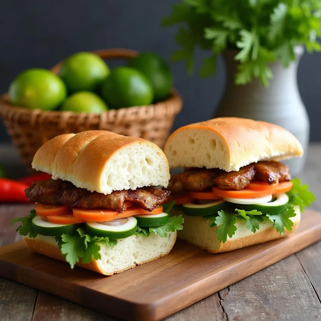 Banh Mi sandwich with fresh ingredients on a wooden cutting board.