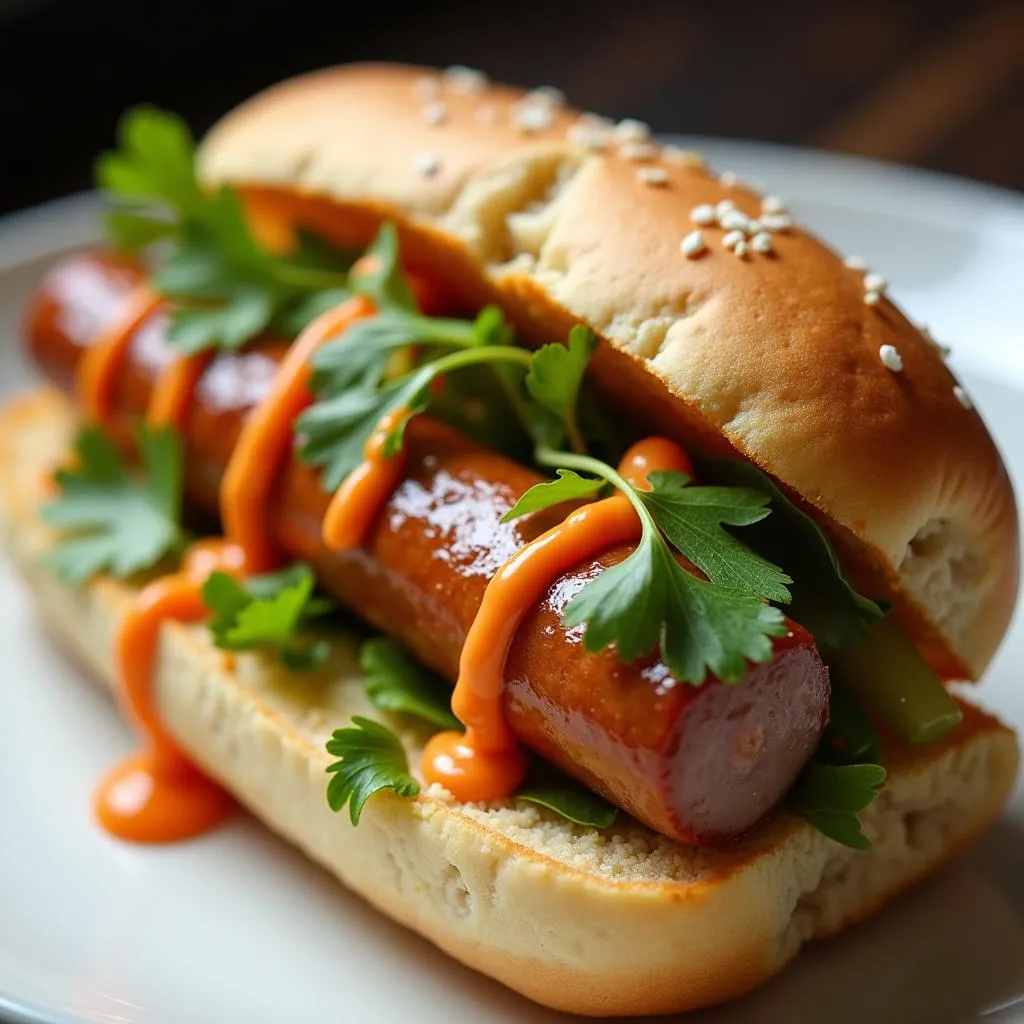 Banh Mi sandwich filled with sausage, vegetables, and herbs.