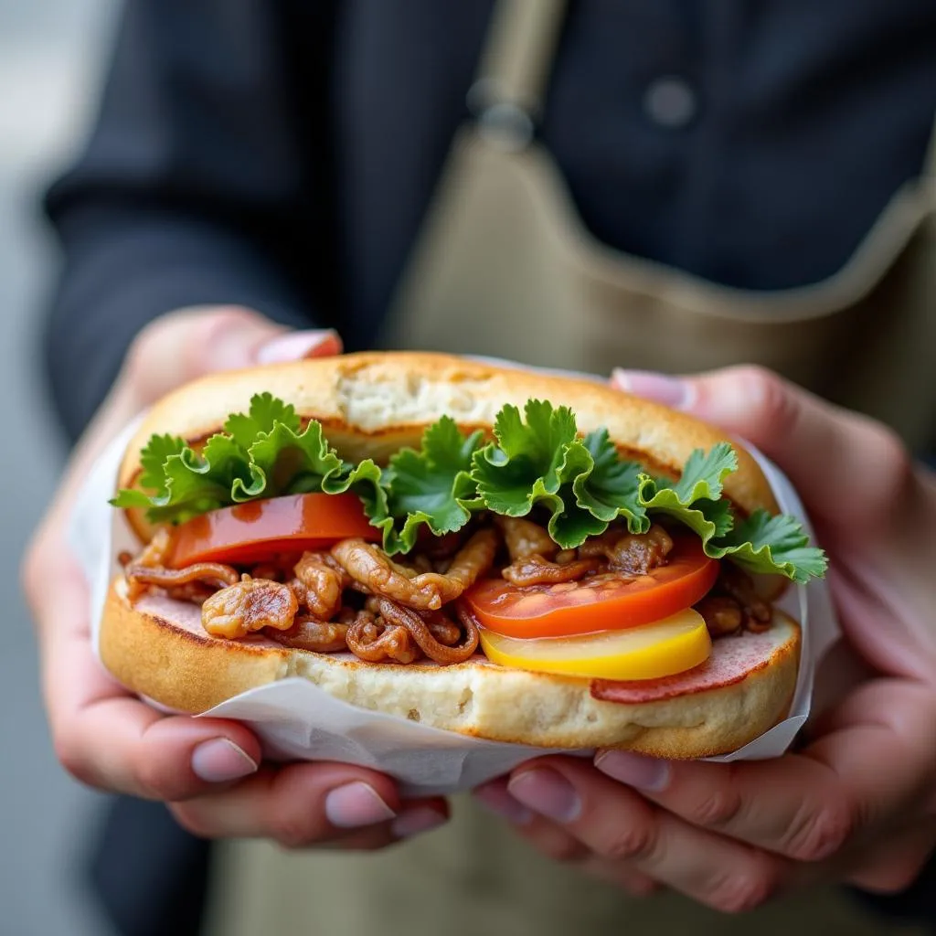 Street vendor selling banh mi in Hanoi