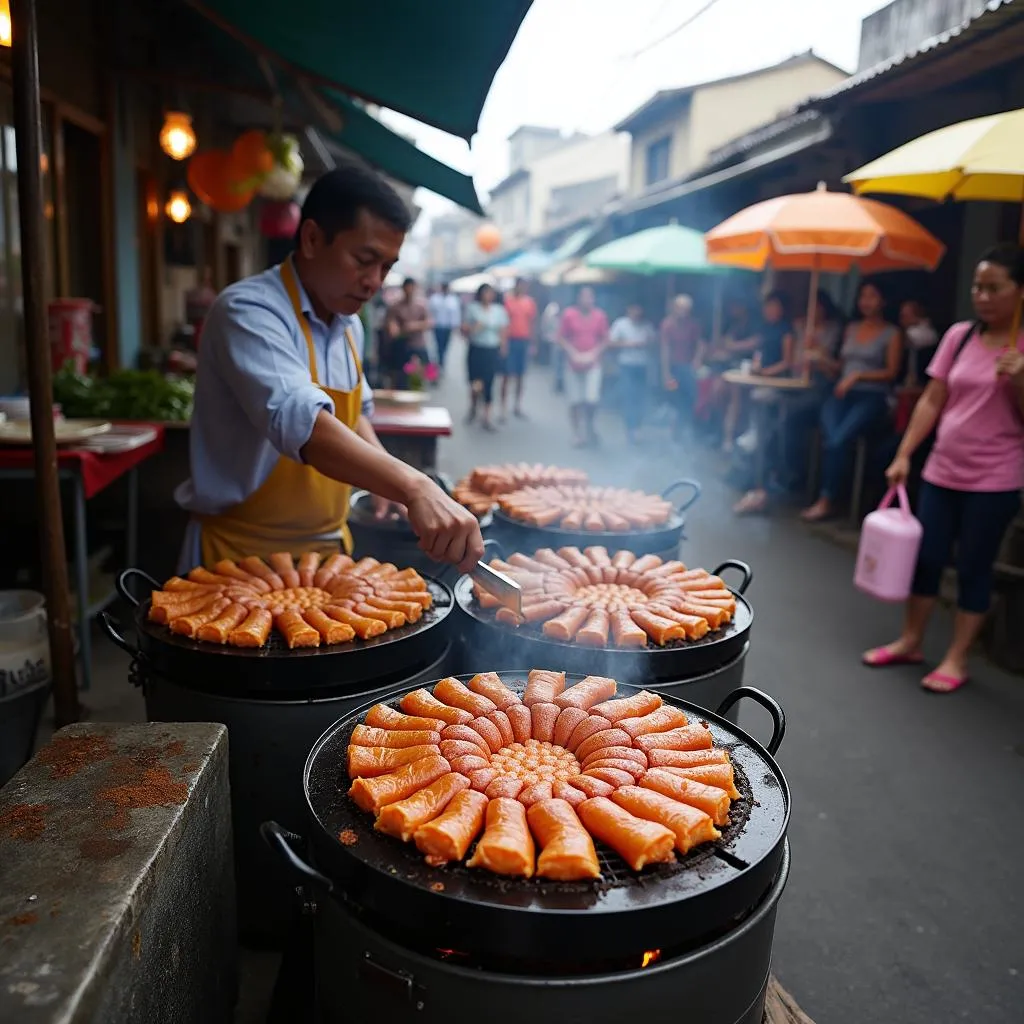 Busy street food vendor preparing Banh Trang Nuong in Da Lat