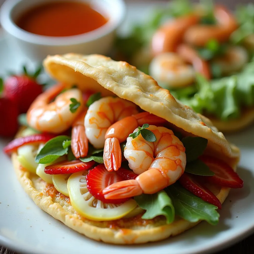 Vietnamese Banh Xeo crepes with fresh strawberries and dipping sauce