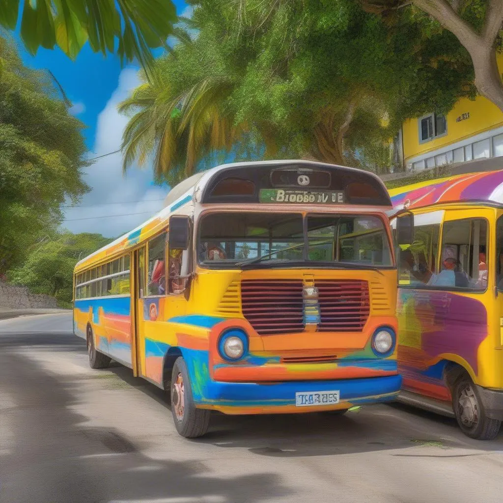 Tourists riding a colorful local bus in Barbados