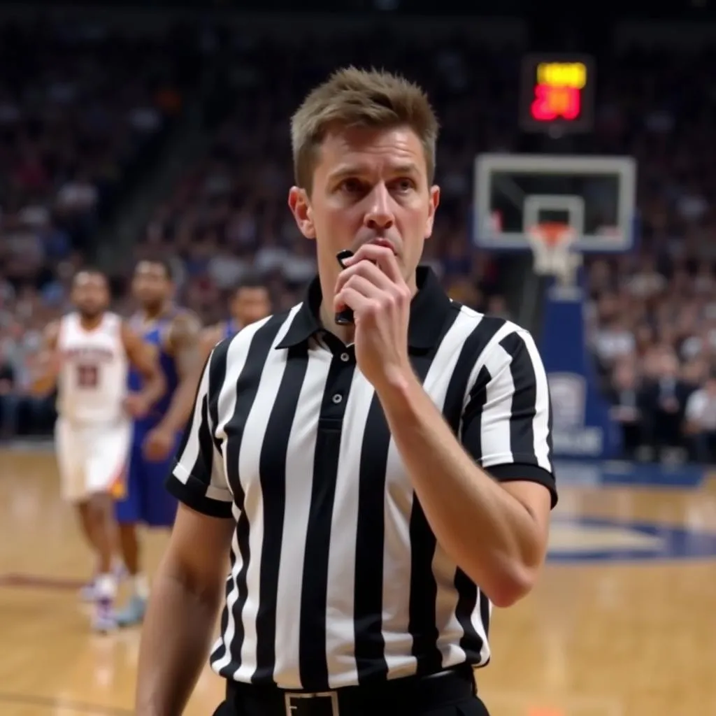 Referee blowing whistle for traveling violation