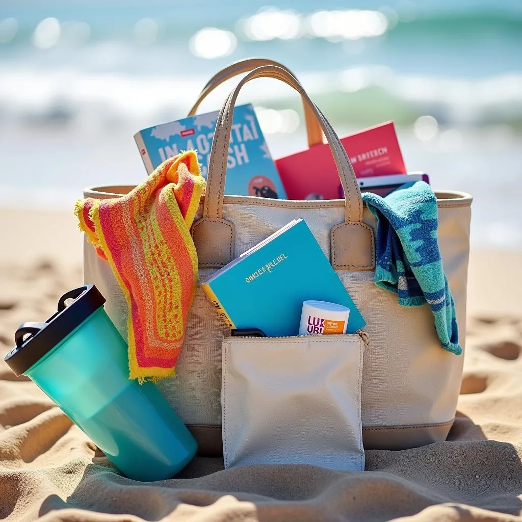 Beach bag essentials: Towel, book, and water bottle.