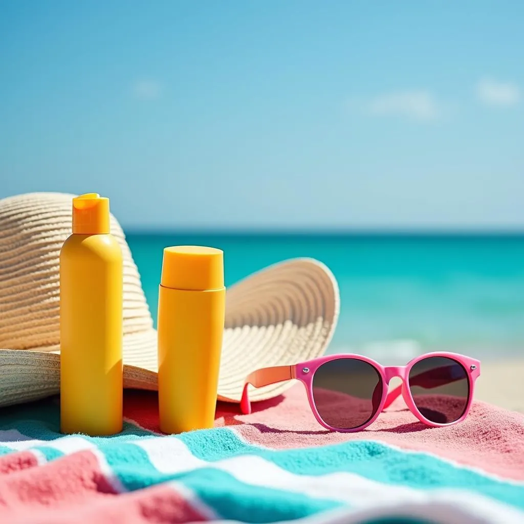 Beach essentials: Sunscreen, hat, and sunglasses.