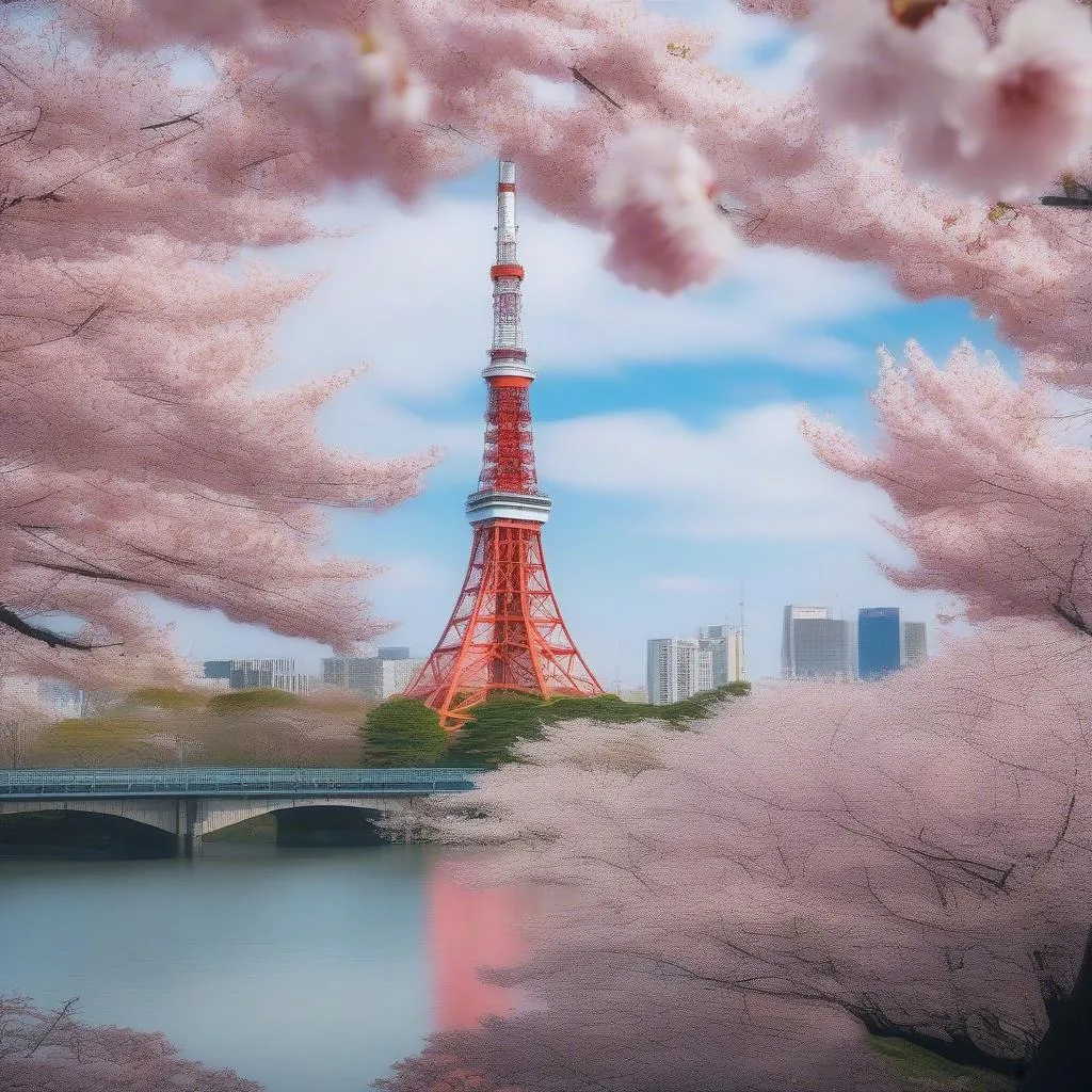 Cherry blossoms blooming near Tokyo Tower