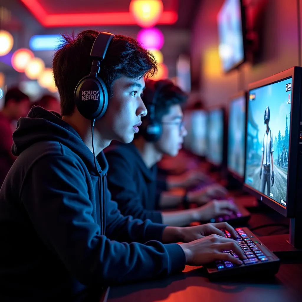 Gamers playing PUBG Mobile at an internet cafe in Hanoi