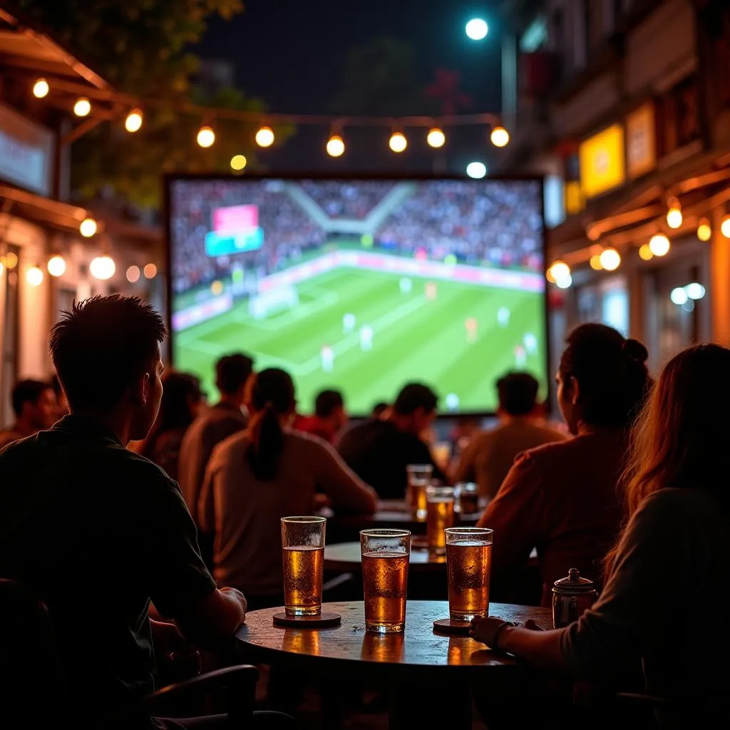 Crowded bia hoi corner with people watching Ligue 1 match on a projector screen