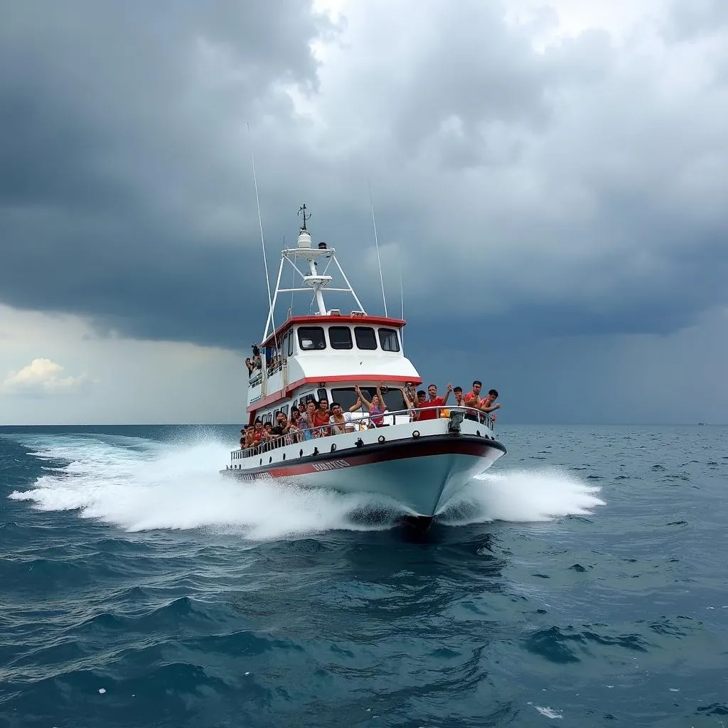 Boat tour navigating rough seas in the Caribbean