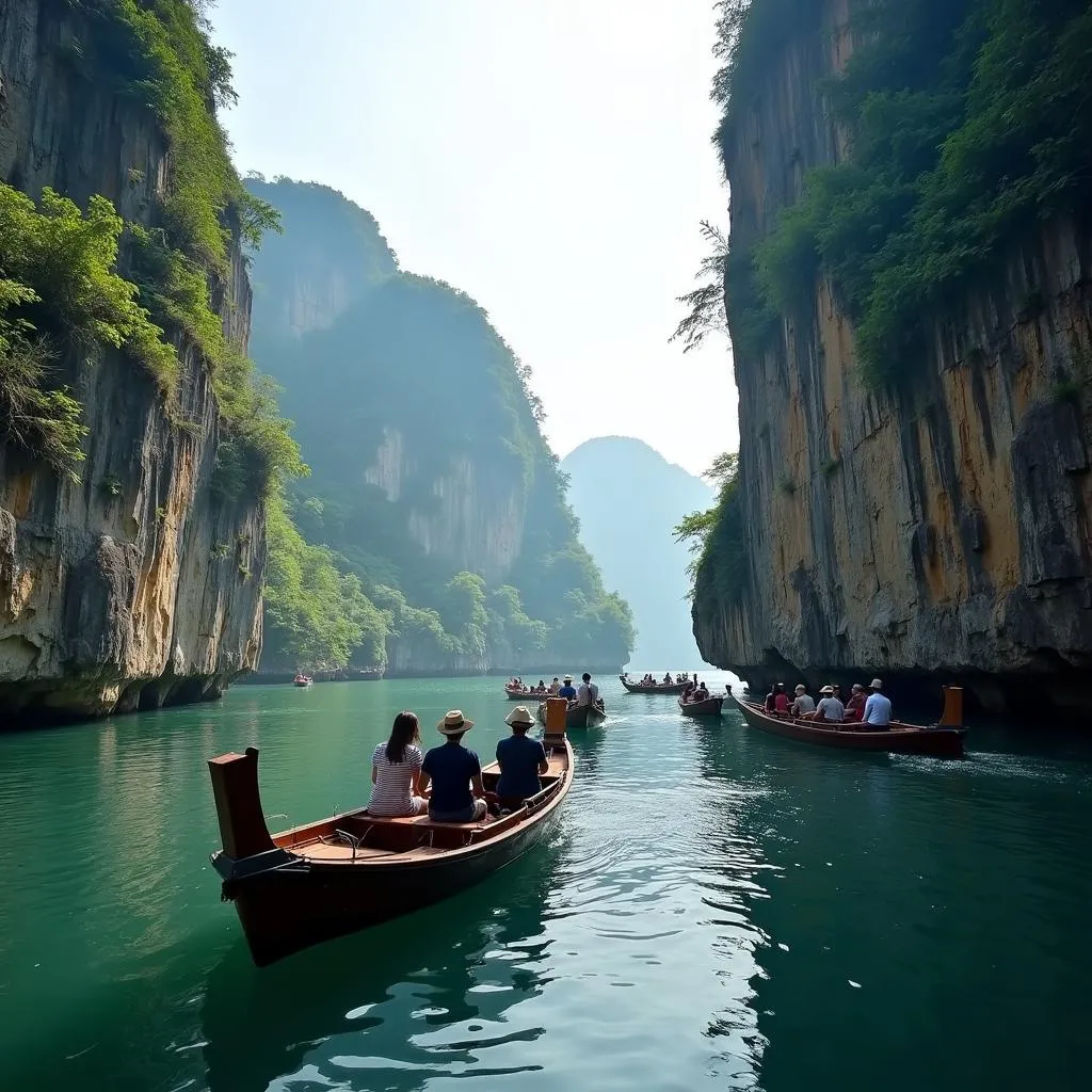 Tourists enjoying a peaceful boat tour in Trang An Grottoes, Ninh Bình