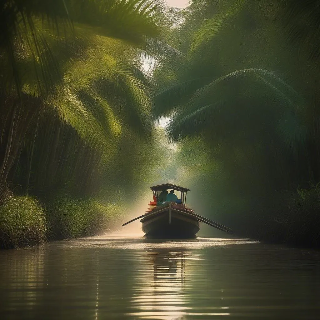 Scenic boat trip through the canals of Mekong Delta towards Hell Village