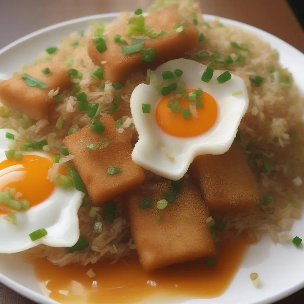 Bot Chien, a Vietnamese rice cake dish, topped with a fried egg and shredded papaya