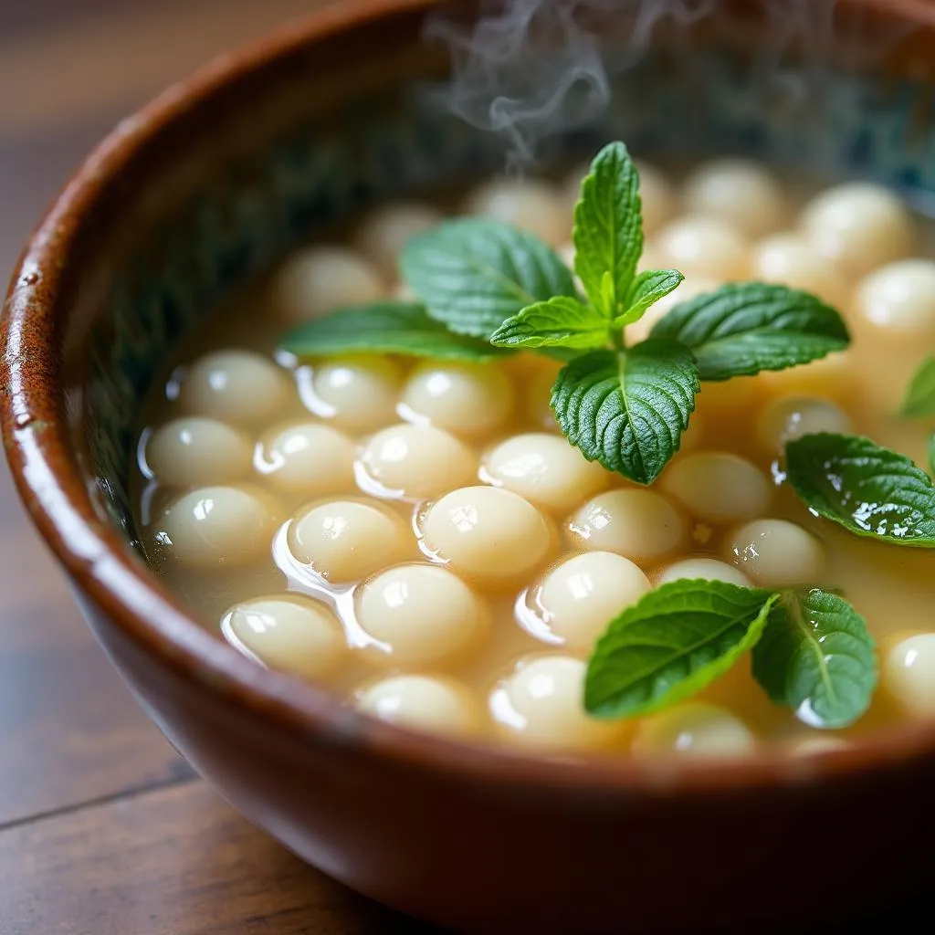 A bowl of Che Hat Sen, Vietnamese sweet lotus seed soup, garnished with fresh mint.