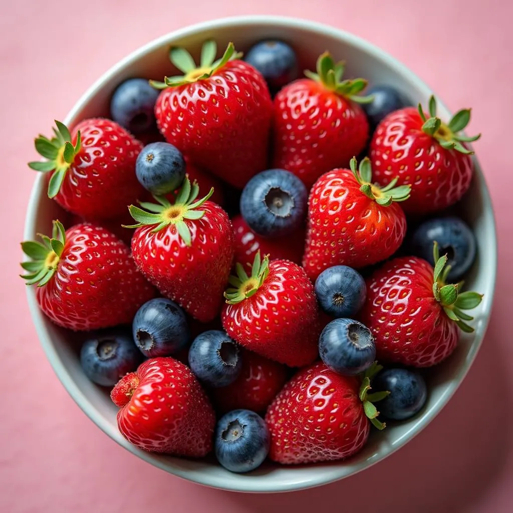 A bowl overflowing with strawberries, raspberries, and blueberries