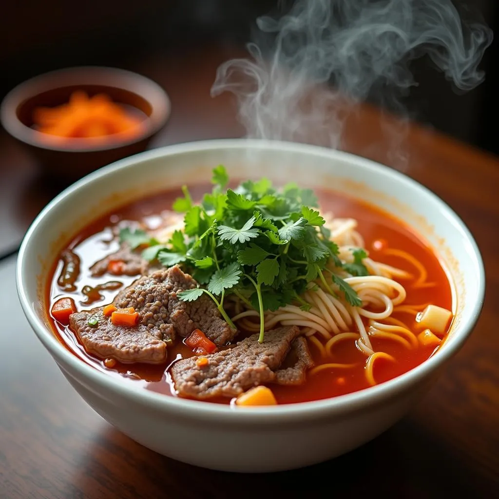 A bowl of Bun Bo Hue, Vietnamese spicy beef noodle soup, garnished with fresh herbs