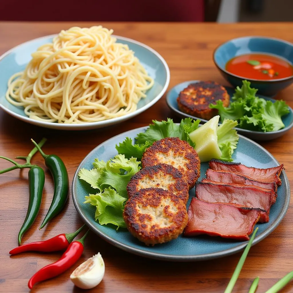 A plate of Bun Cha with grilled pork, vermicelli noodles, herbs, and dipping sauce