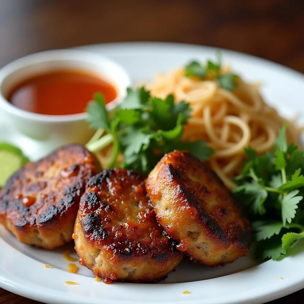 A plate of Bun Cha with grilled pork, noodles, and dipping sauce