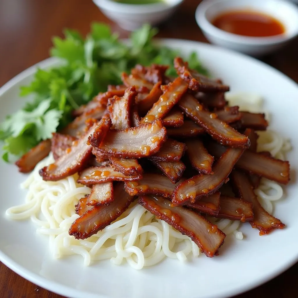 Bun Cha Hanoi: A plate of delicious Bun Cha with grilled pork and vermicelli noodles