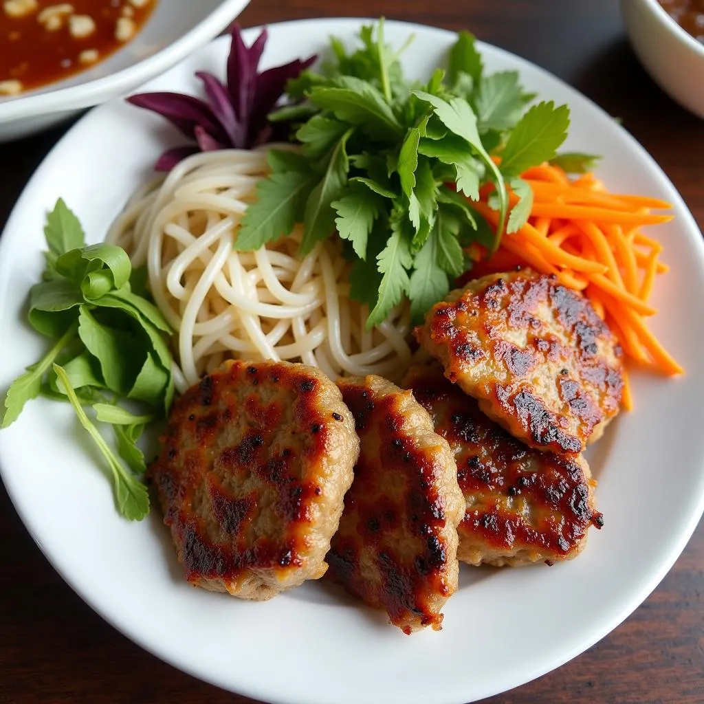 Plate of Bun Cha Hanoi with grilled pork and noodles