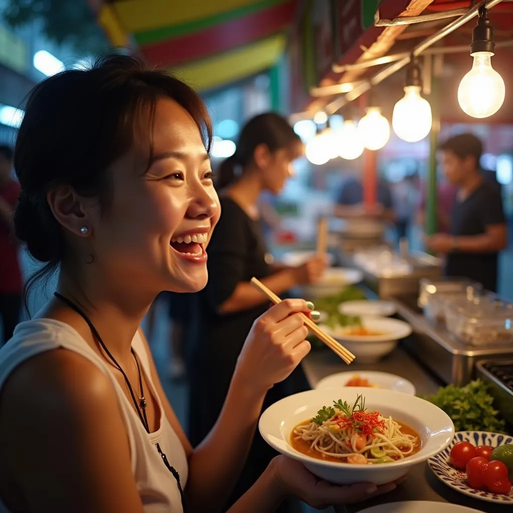 Woman enjoying Bun Cha in Hanoi