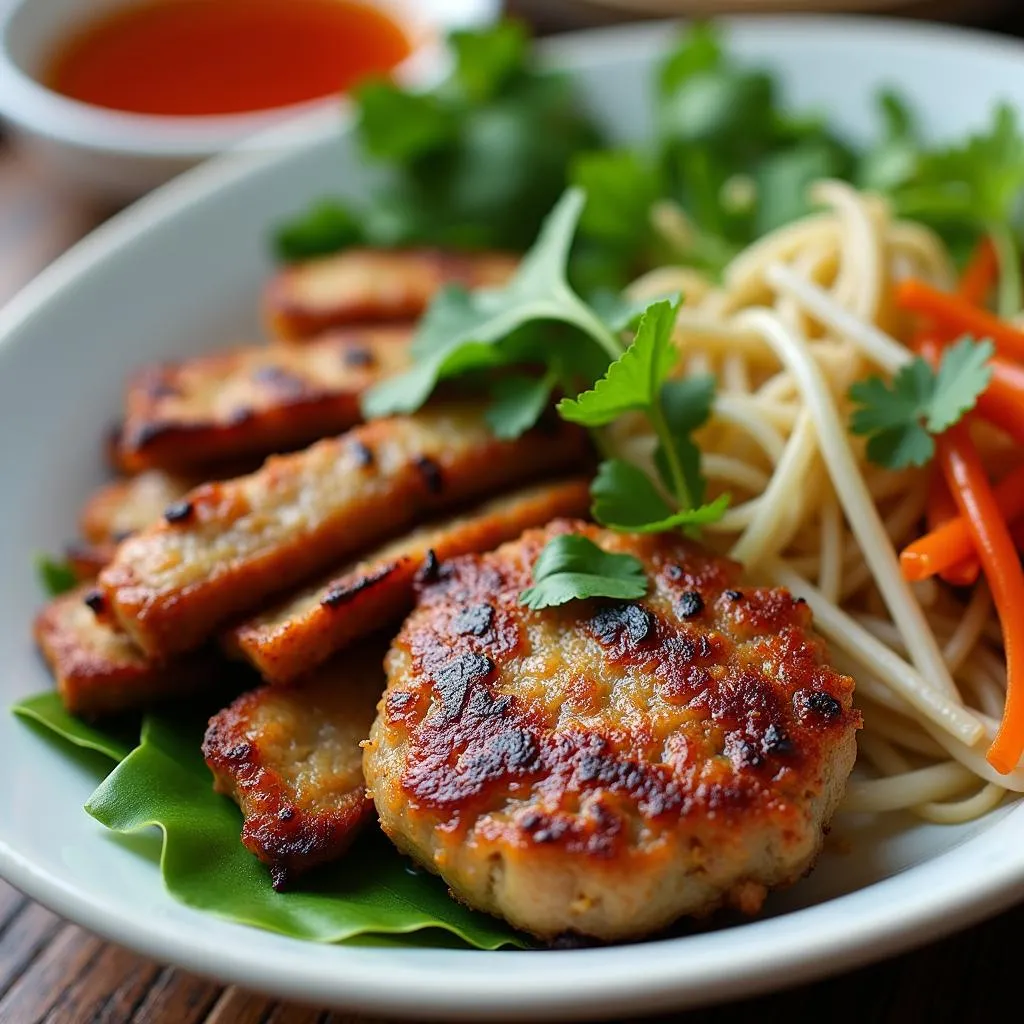 A plate of Bun Cha, featuring grilled pork, vermicelli noodles, and a side of dipping sauce