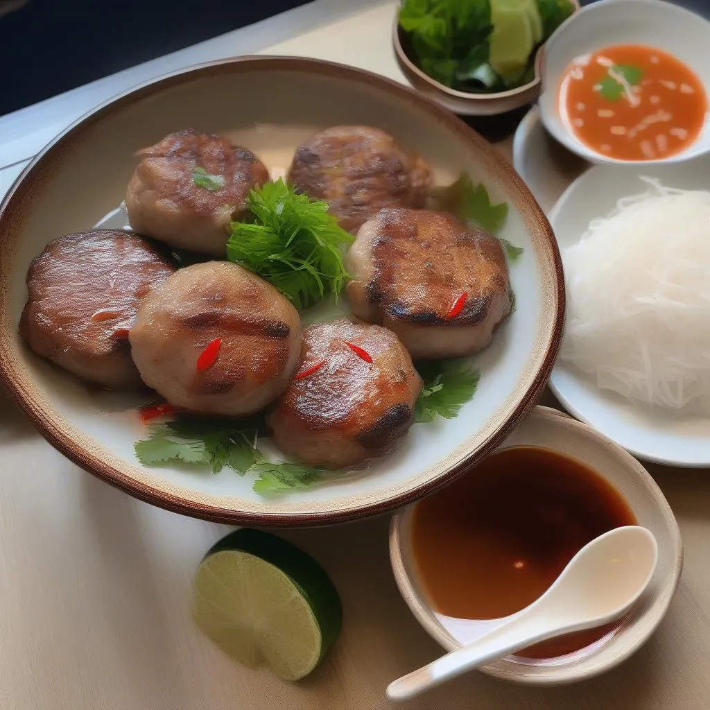 A steaming bowl of Bun Cha with grilled pork patties, rice noodles, and a tangy dipping sauce