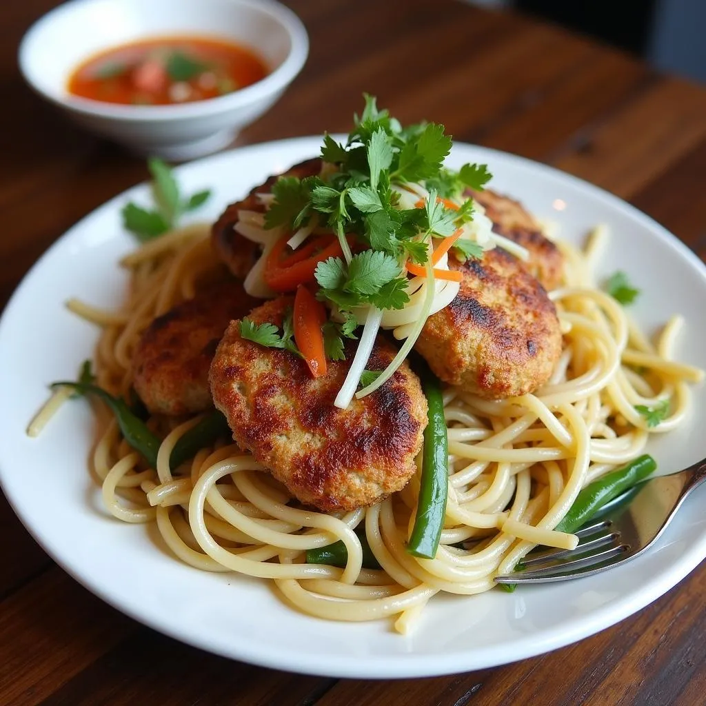 A plate of Bún Chả with dipping sauce