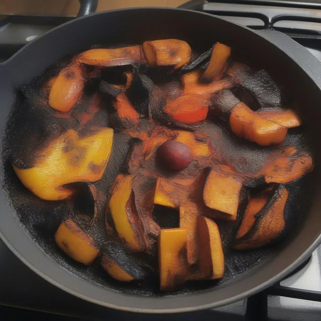 Burnt Vegetables in a Pan