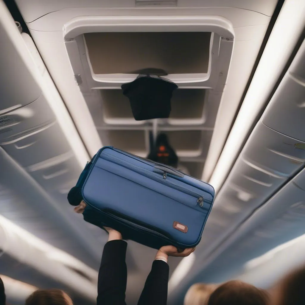 Storing luggage in airplane overhead bin