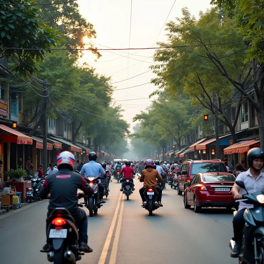 Traffic and pedestrians on a bustling street in Hanoi