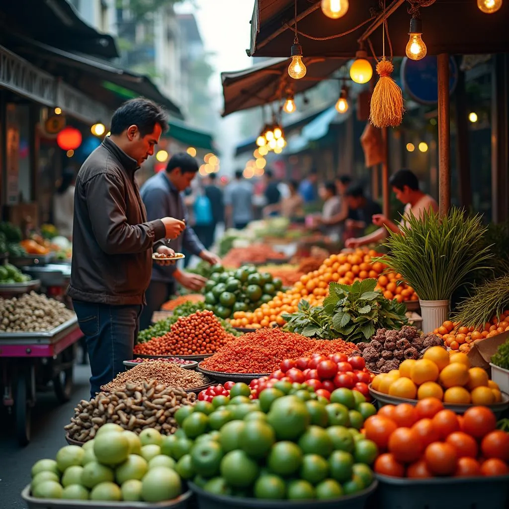 Hanoi's Old Quarter street market with vibrant displays of fresh produce