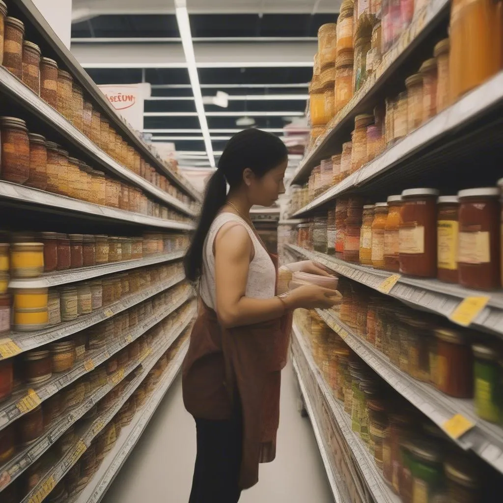 Woman browsing curry pastes in an Asian market