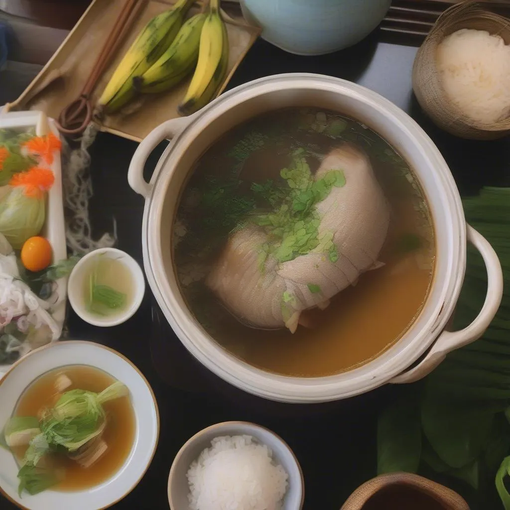 Cá Kho Chuối Xanh served in a clay pot with steamed rice